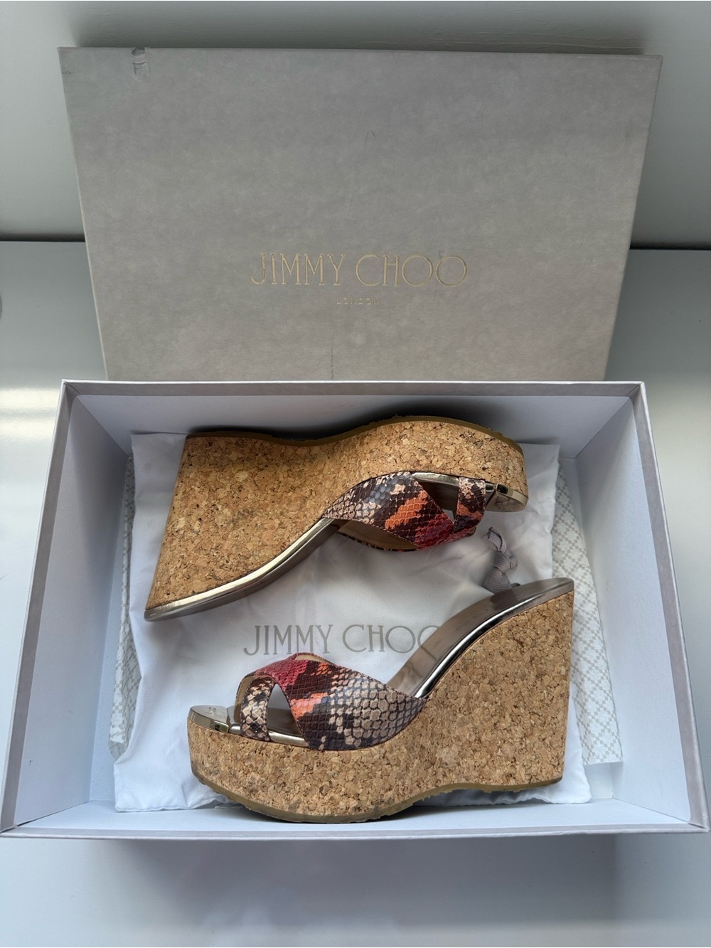 Jimmy Choo Python Print Cork Wedge Slide Sandals